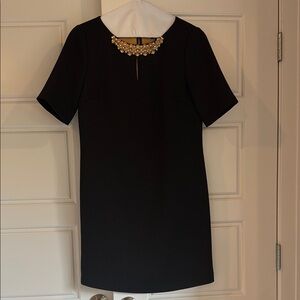 Tahari Black Sheath Dress with beautiful gold collar detail.
